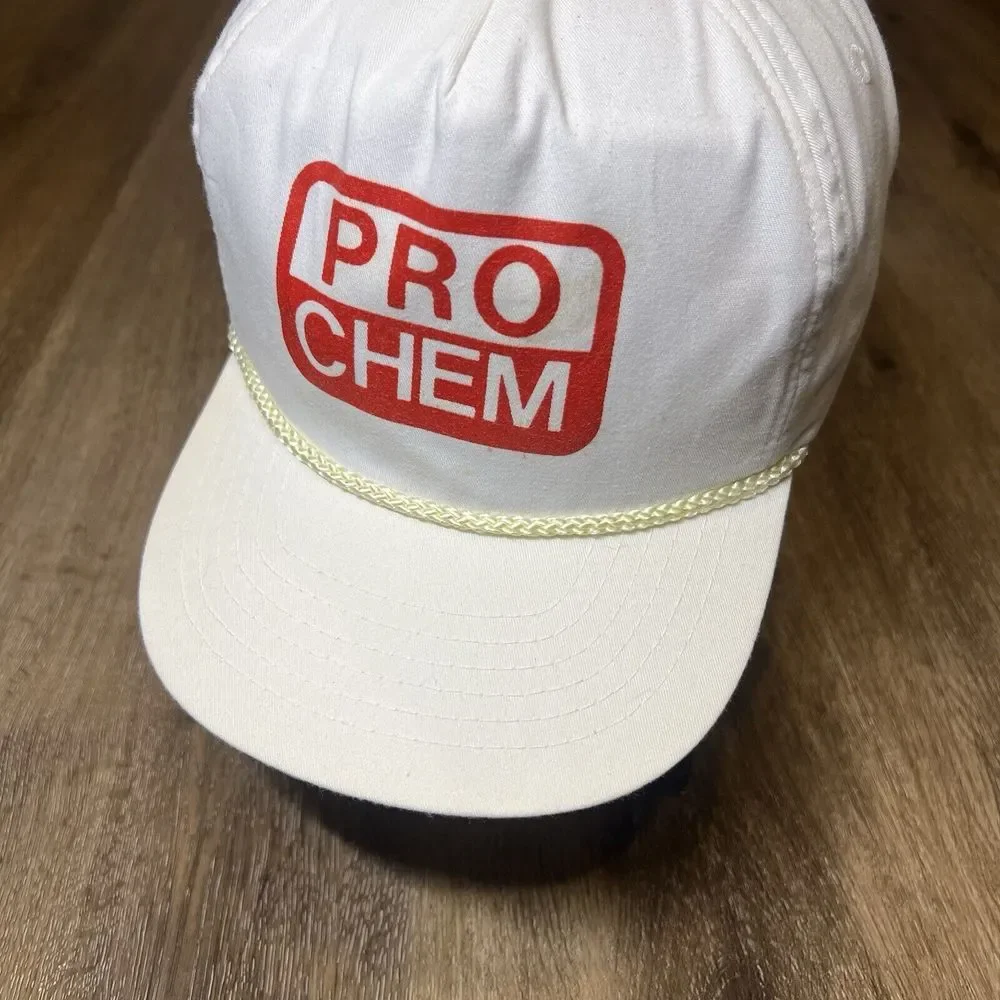 Vintage 80s Chemistry Zipper Snapback White Ad Promo Logo Rope Trucker Chore Cap